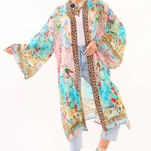 NWT Aratta Multicolor Floral Phoenix Kimono with Leopard Trim